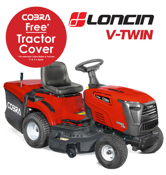 Cobra v-twin ride on lawn tractor with Cobra and Loncin branding on a white background