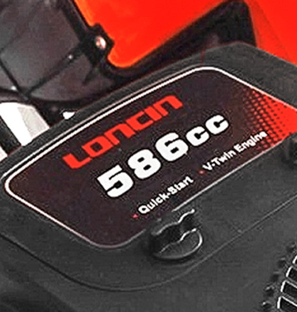 Close-up of a Loncin 586cc engine label on a cobra ride on mower.