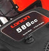 Close-up of a Loncin 586cc engine label on a cobra ride on mower.