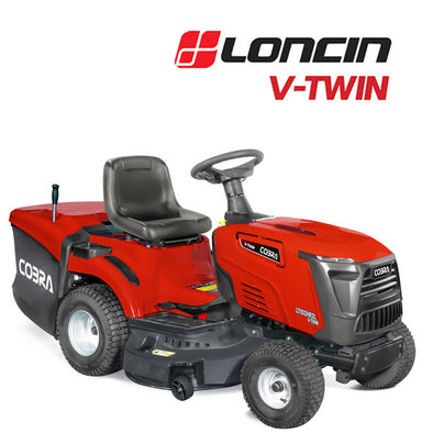 Cobra ride on v-twin lawn mower with 'Loncin' branding on a white background
