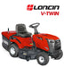 Cobra ride on v-twin lawn mower with 'Loncin' branding on a white background