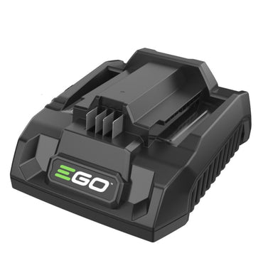 A black EGO cordless battery quick charger with a green and white logo on the front, shown on a solid white background.