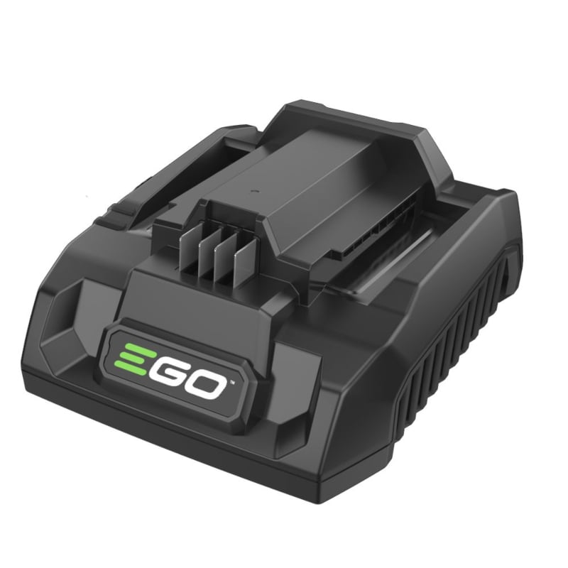 A black EGO cordless battery quick charger with a green and white logo on the front, shown on a solid white background.