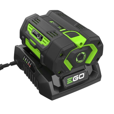 A black and bright green EGO cordless tool battery shown on its charging dock against a plain white background.