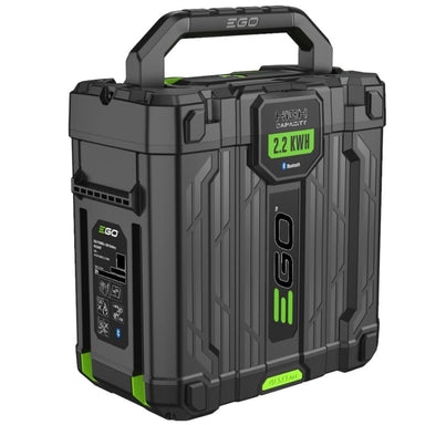 Ego 40 amp hour  portable power station in black with bright green accents, featuring a rugged hard-shell design, top carrying handle, and digital battery capacity display showing 2.2 kWh.