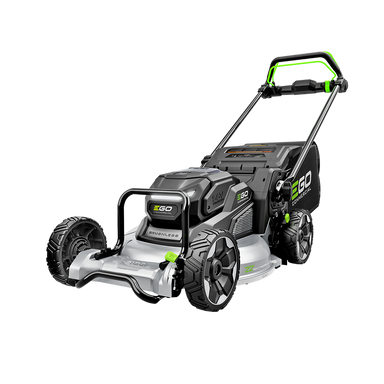 An EGO Smart Lawn mower shown from a three-quarters angle on a solid white background. The mower features a black and dark gray body with bright green accents on the handle, wheels, and branding.