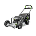 An EGO Smart Lawn mower shown from a three-quarters angle on a solid white background. The mower features a black and dark gray body with bright green accents on the handle, wheels, and branding.