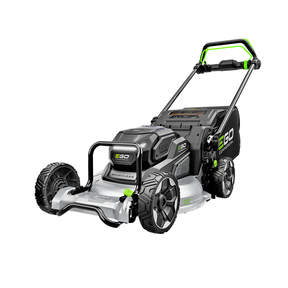 An EGO Smart Lawn mower shown from a three-quarters angle on a solid white background. The mower features a black and dark gray body with bright green accents on the handle, wheels, and branding.