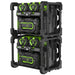 Two stacked EGO pgx1400 portable power banks stations in a black and bright green rugged design, shown on a plain white background.