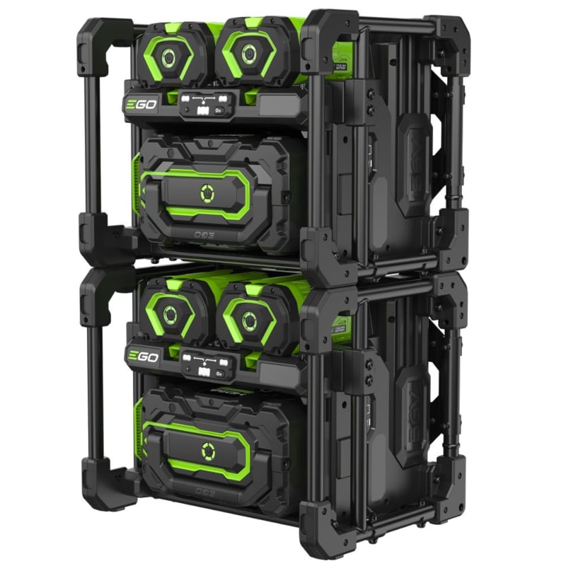 Two stacked EGO pgx1400 portable power banks stations in a black and bright green rugged design, shown on a plain white background.