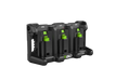 Ego PGX3000D 3-PORT DOCK, A black 3-in-1 wireless battery charger and multi-device dock with bright green accents, featuring three charging bays and the EGO brand logo on the front, shown on a solid white background.