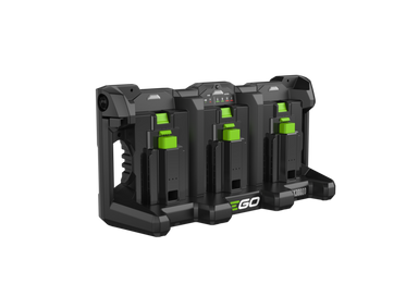 Ego PGX3000D 3-PORT DOCK, A black 3-in-1 wireless battery charger and multi-device dock with bright green accents, featuring three charging bays and the EGO brand logo on the front, shown on a solid white background.