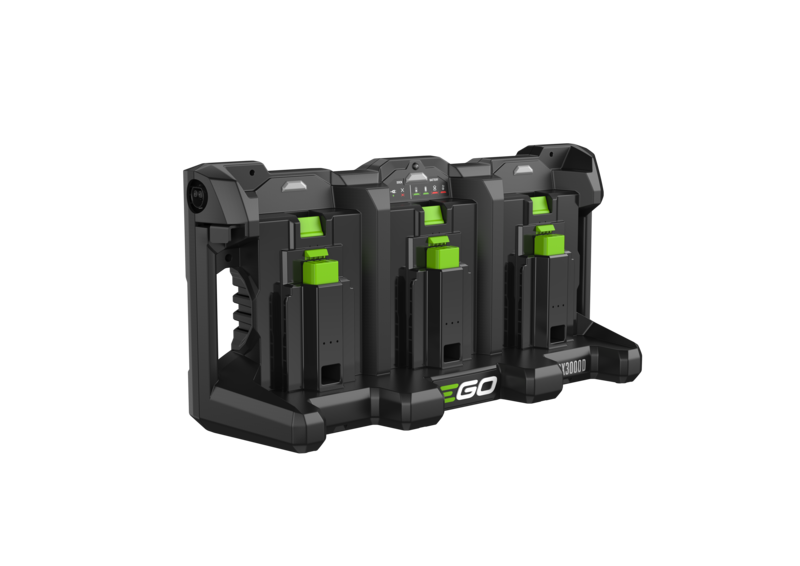 Ego PGX3000D 3-PORT DOCK, A black 3-in-1 wireless battery charger and multi-device dock with bright green accents, featuring three charging bays and the EGO brand logo on the front, shown on a solid white background.