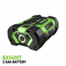 Ego BA1400T 2.5Ah BATTERY  A rugged, high-capacity portable power bank or flashlight device in black and bright green, featuring a circular front light and a detailed specification label on the side, set against a plain white background.