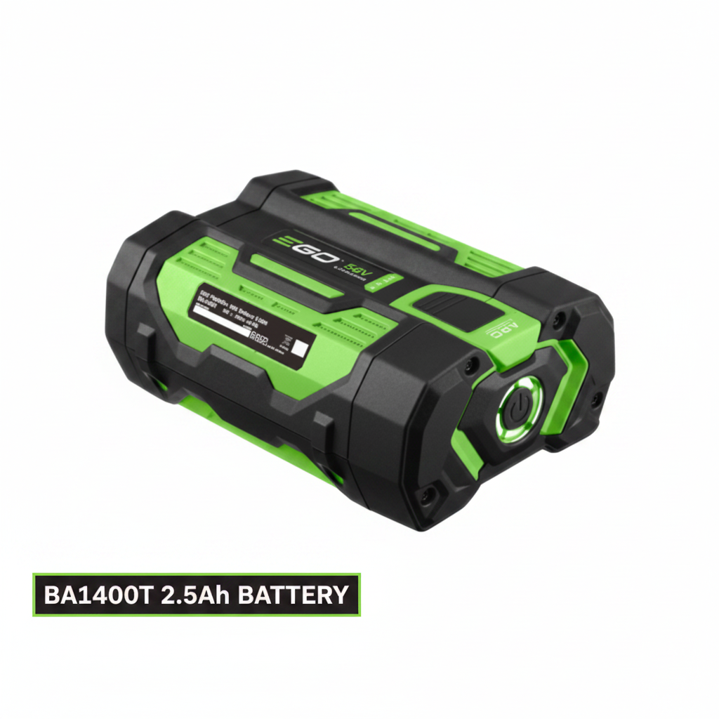 Ego BA1400T 2.5Ah BATTERY  A rugged green and black portable power bank or battery pack with a circular front light, shown on a plain white background.
