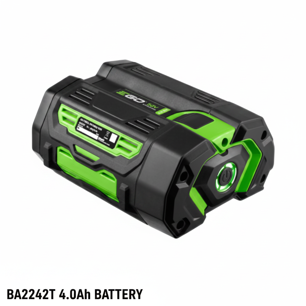 Ego BA2242T 4.0Ah BATTERY A cordless power tool battery pack in black and bright green, featuring the 'E20' model marking on the side, shown against a plain white background.
