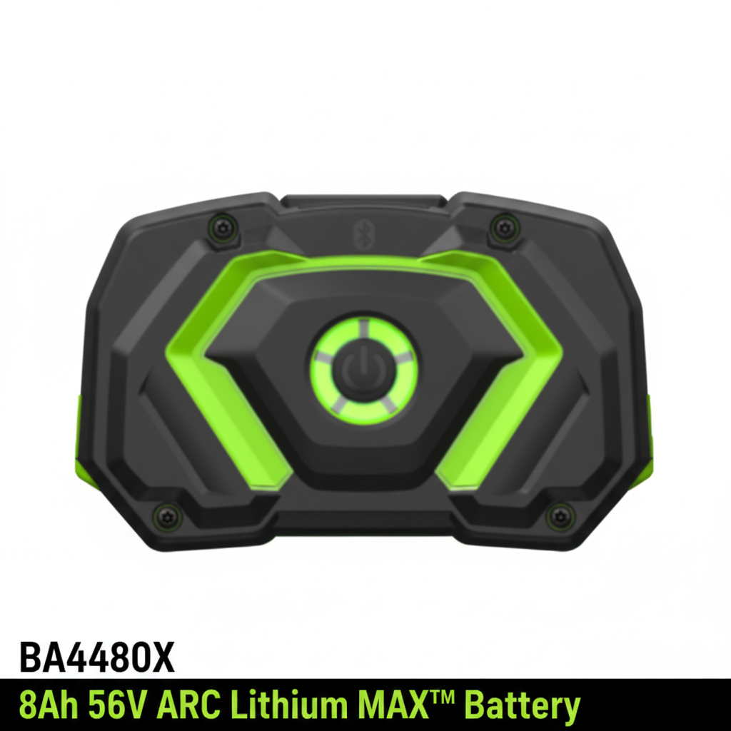 An ego  BA4480X 8Ah 56V ARC Lithium MAX™ Battery rugged black electronic device with bright neon green accents and a central power button, shown on a plain white background.