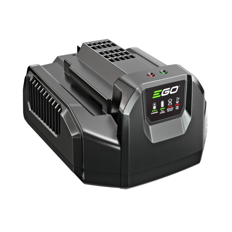 A black EGO CH2100E STANDARD battery charger with a digital display screen on the front, shown on a solid white background.