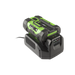 An EGO CH2100E STANDARD CHARGER dock, shown on a clean white background. The battery features a black and bright lime green design with the brand name 'ego' visible on the top surface.