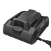 A black 36V dual-port battery charger with LED status indicators and a two-pin plug, shown on a solid white background.