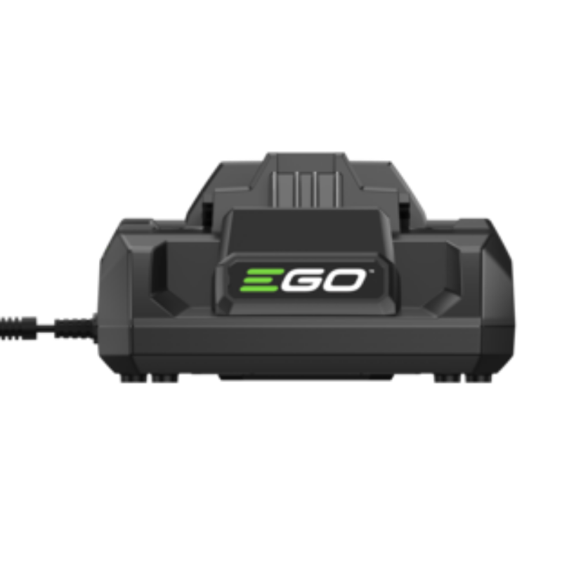 Ego CH3200E, 320W Quick Charger battery charger with a three-pronged power plug, featuring a dark gray body and a green and white EGO logo on the front, set against a plain white background.