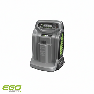 A EGO CH5500E RAPID CHARGER in Gray and green battery pack on a white background