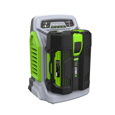 A ego CH5500E RAPID CHARGER with an attached 56V Ego battery, shown on a plain white background. The product features a gray and black plastic body with bright green accents and the brand name 'EGO' visible on the battery.