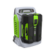 A ego CH5500E RAPID CHARGER with an attached 56V Ego battery, shown on a plain white background. The product features a gray and black plastic body with bright green accents and the brand name 'EGO' visible on the battery.