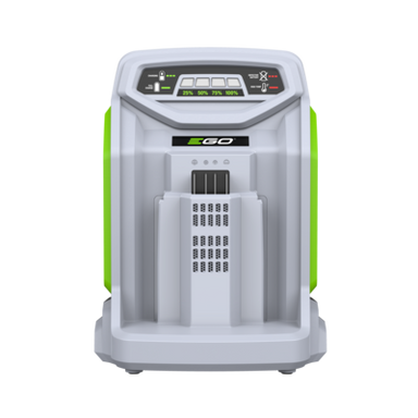 An EGO CH5500E RAPID CHARGER  with a white and gray body and bright green side panels, shown on a solid white background.