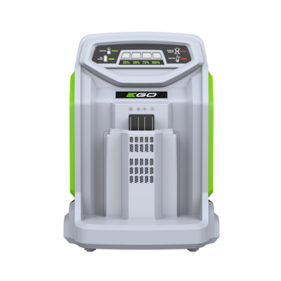 An EGO CH5500E RAPID CHARGER  with a white and gray body and bright green side panels, shown on a solid white background.
