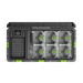 The CHU6000 MULTI-PORT CHARGING UNIT. A top-down view of a rugged black and gray battery storage case with eight gray battery modules arranged in two rows, each with bright green connectors, and a molded foam insert compartment on the left side.