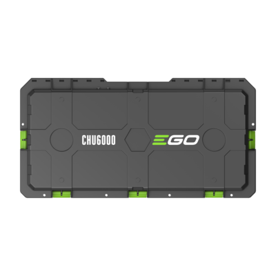 The CHU6000 MULTI-PORT CHARGING UNIT A dark gray rugged hard case with green accents and the brand name CHU6000 GO printed on the lid, shown from a top-down view on a white background.
