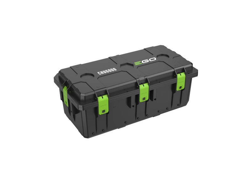 A CHU6000 MULTI-PORT CHARGING UNIT, a rugged black plastic storage box with bright green latches and white EGO branding on the lid, shown on a plain white background.