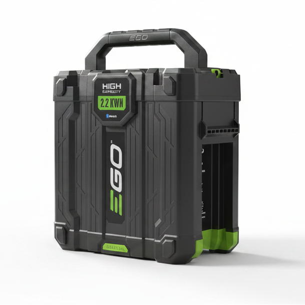 An EGO 40 amp hour, rugged portable power station by EGO in black and dark gray with bright green accents, featuring a top handle, a digital display showing 2.2 kW, and a side battery compartment