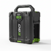 An EGO 40 amp hour, rugged portable power station by EGO in black and dark gray with bright green accents, featuring a top handle, a digital display showing 2.2 kW, and a side battery compartment