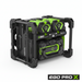 A rugged portable power station with a black and bright green color scheme, featuring dual cooling fans on top, a digital display screen, and multiple port outlets, shown on a plain white background.