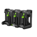 Ego PGX3000D 3-PORT DOCK A black 3-in-1 cordless battery charger dock with green accents and three battery compartments, shown on a plain white background.