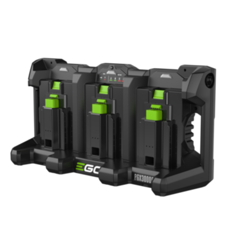 Ego PGX3000D 3-PORT DOCK A black 3-in-1 cordless battery charger dock with green accents and three battery compartments, shown on a plain white background.