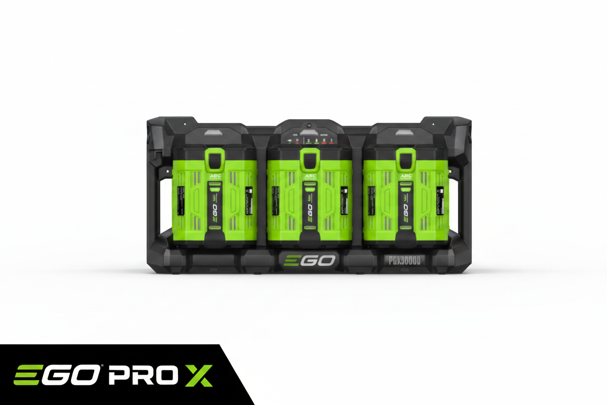 Ego PGX3000D 3-PORT DOCK. A 4-pack Li-ion battery charger dock with four bright green and black cordless batteries, branded EAGLE and FX3000D, on a solid white background.