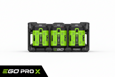 Ego PGX3000D 3-PORT DOCK. A 4-pack Li-ion battery charger dock with four bright green and black cordless batteries, branded EAGLE and FX3000D, on a solid white background.