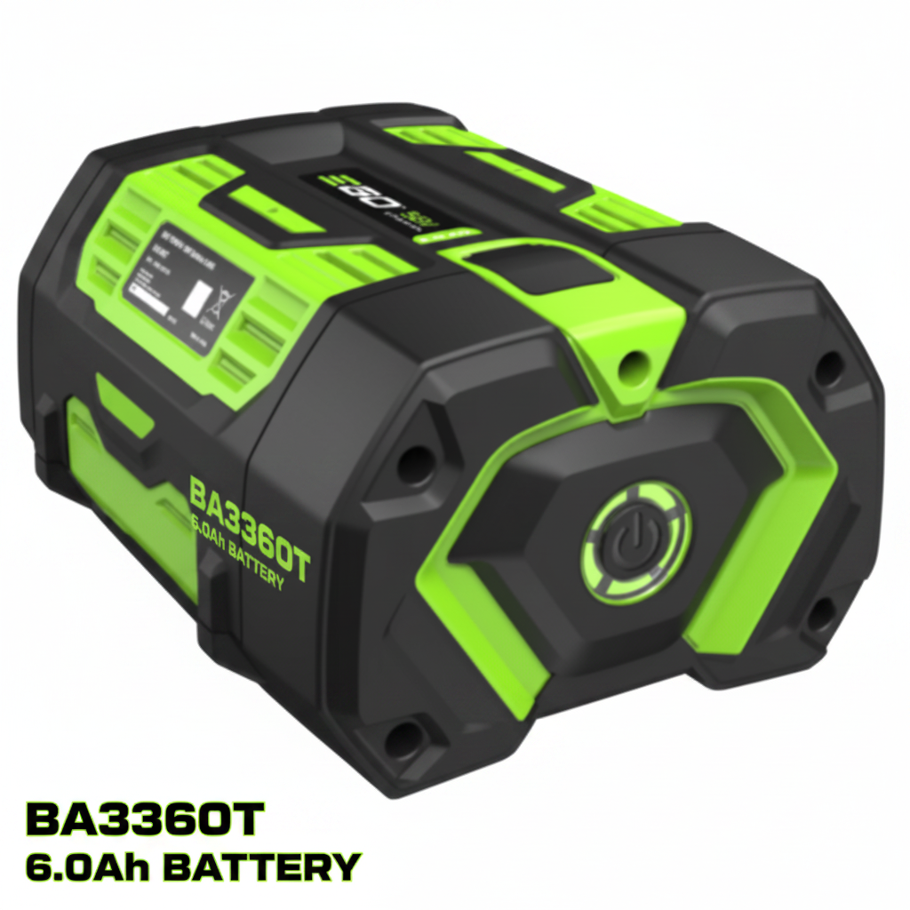 Ego BA3360T 6.0Ah BATTERY cordless power tool battery pack in black and bright lime green, shown at a three-quarter angle on a plain white background.