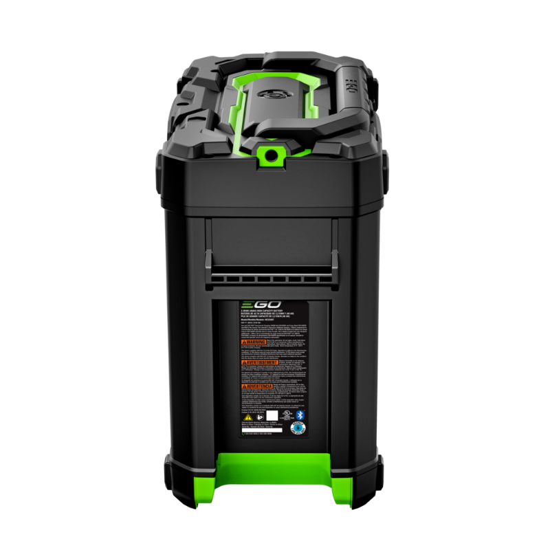 An EGO 40 amp hour rugged black and bright green portable power station shown from the back, featuring a textured top lid, a handle, a warning label, and bright green accents on the base and top.