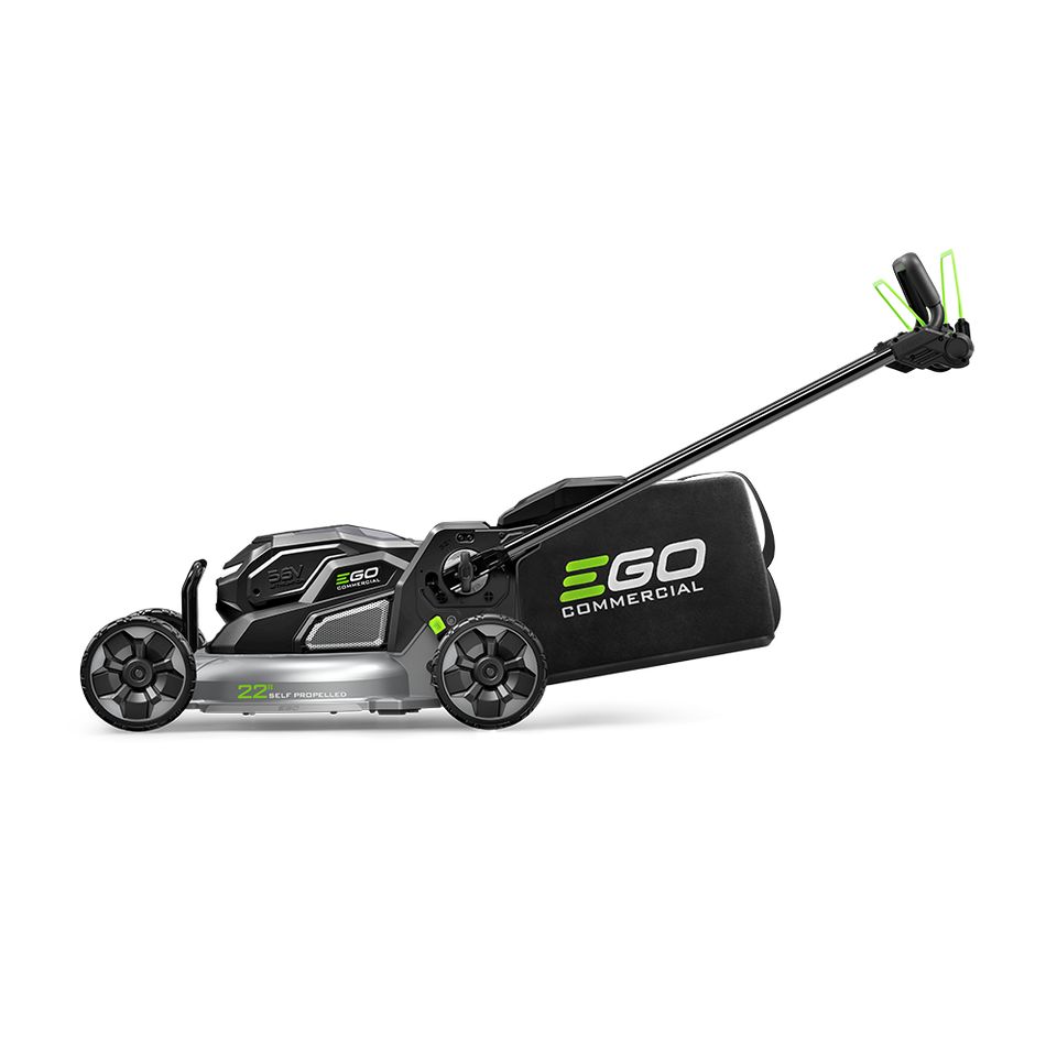 A commercial-grade electric lawnmower by EGO Commercial, featuring a black and silver body with bright green accents, shown from a three-quarters angle on a solid white background.