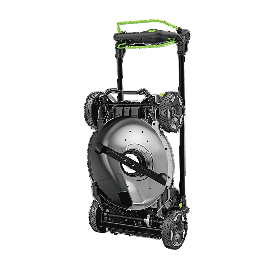 A EGO LMX5300SP  lawnmower in its folded, compact configuration, resting on a clean white background. The mower features a black frame with wheels, a large silver circular reel housing the grass cutter, and a bright green cord wrapping around the handle.