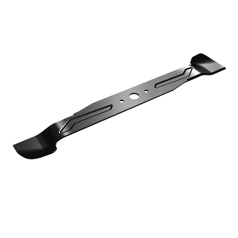 A EGO LMX5300SP long, black metal lawn mower blade with a matte finish, featuring three circular mounting holes and recessed slots, shown on a solid white background.