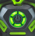 Close-up of a green power button on a black surface