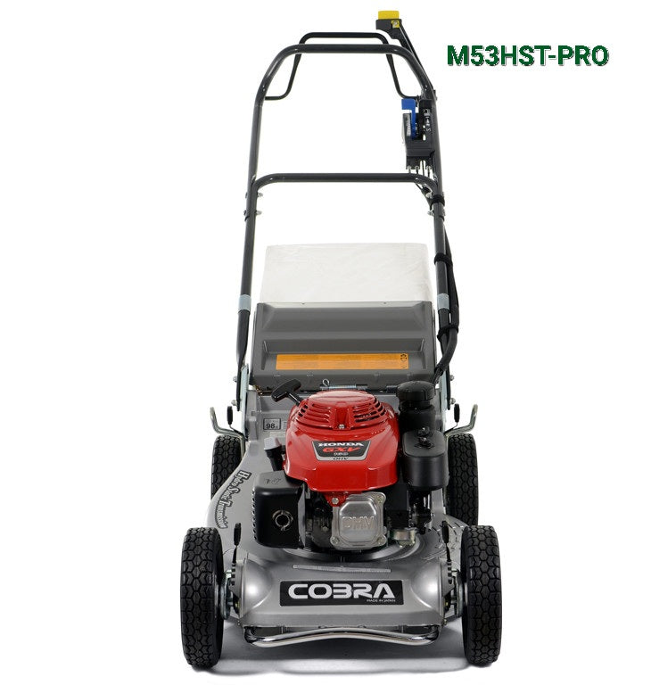 Cobra M53HST-PRO walk behind lawnmower viewed from the front.