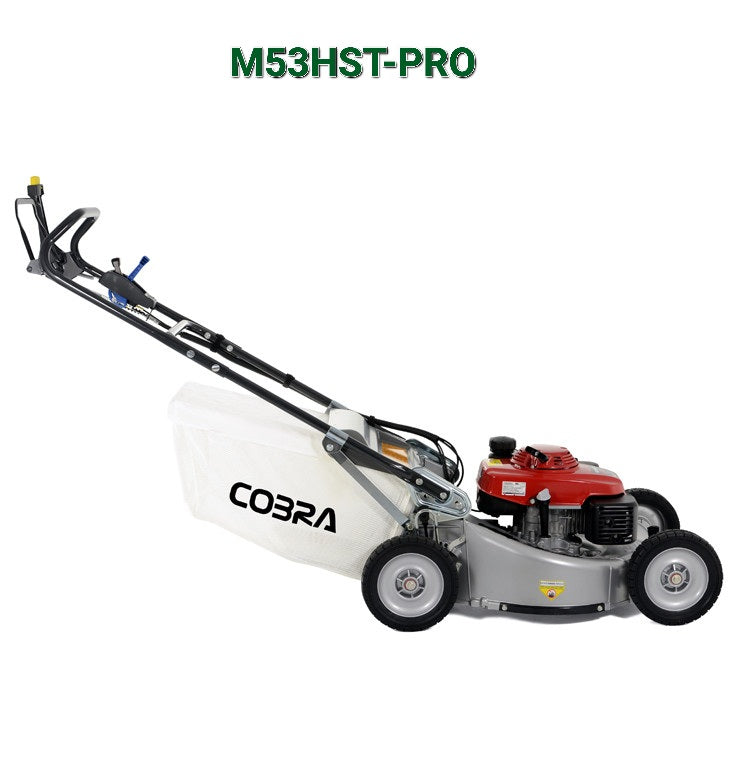 Cobra M53HST-PRO walk behind mower viewed from the right hand side against a white background