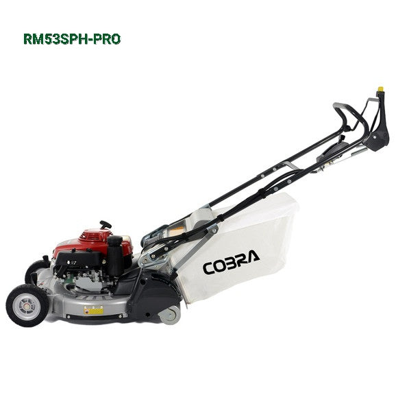 Cobra RM53SPH PRO push along lawn mower with engine on a white background , left side