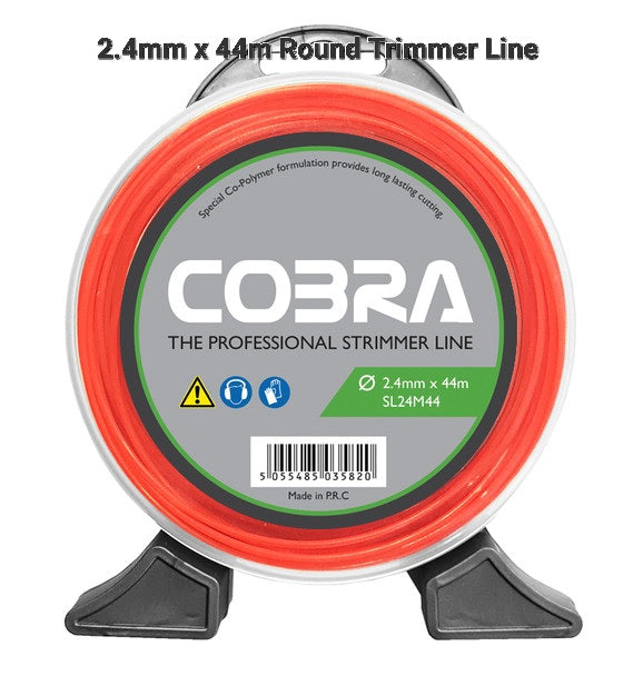 Cobra brand round 2.4mm trimmer line on a 44m reel with specifications.